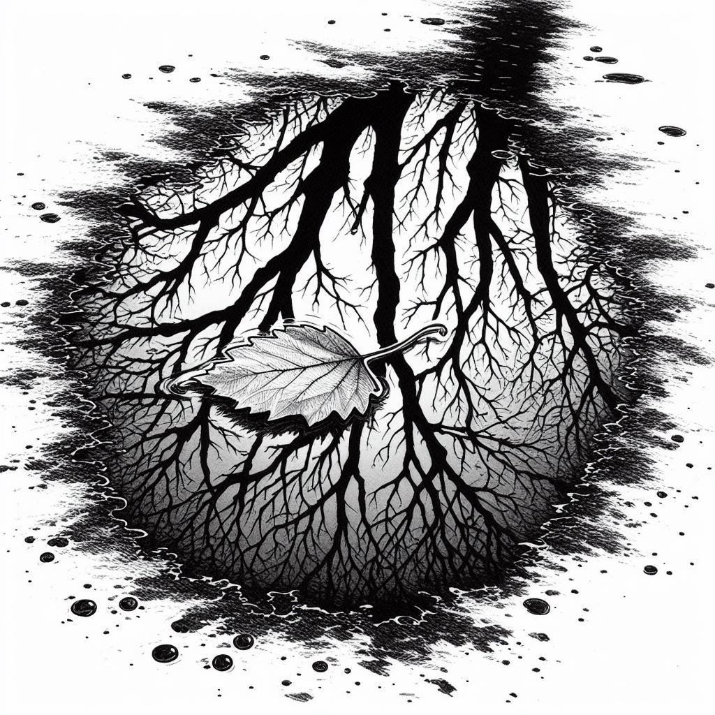 AI-generated image of a puddle reflecting a tree, with a detailed leaf floating in it, black and white line drawing