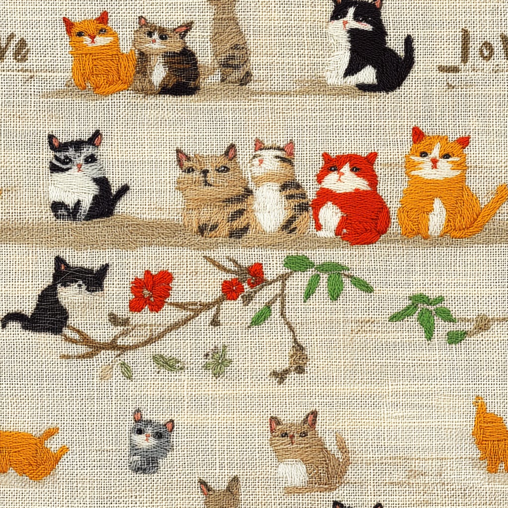 Photographic seamless tile. /imagine prompt: an embroidery art of text “I love cats” in the style of japanese — tile — v 6.1