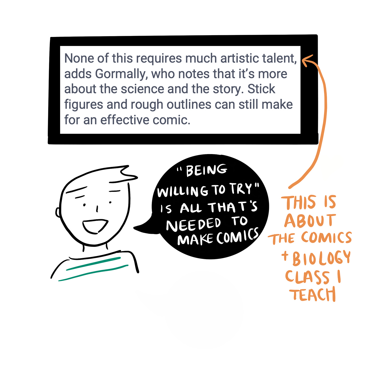 None of this requires much artistic talent, adds Gormally, who notes that it’s more about the science and the story. Stick figures and rough outlines can still make for an effective comic. Cartoonist: “being willing to try” is all that’s needed to make comics.  