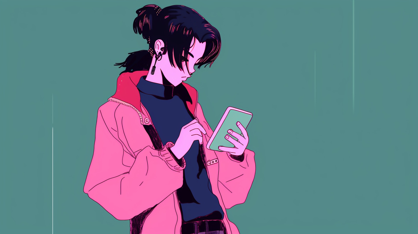 a minimalistic illustration of a person looking at ads on their phone in the style of 90s anime