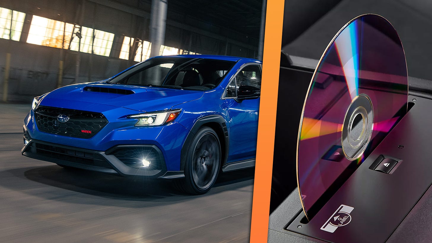 Side-by-side image of a Subaru WRX and close-up of its optional CD player.