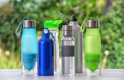 a set of water bottles.