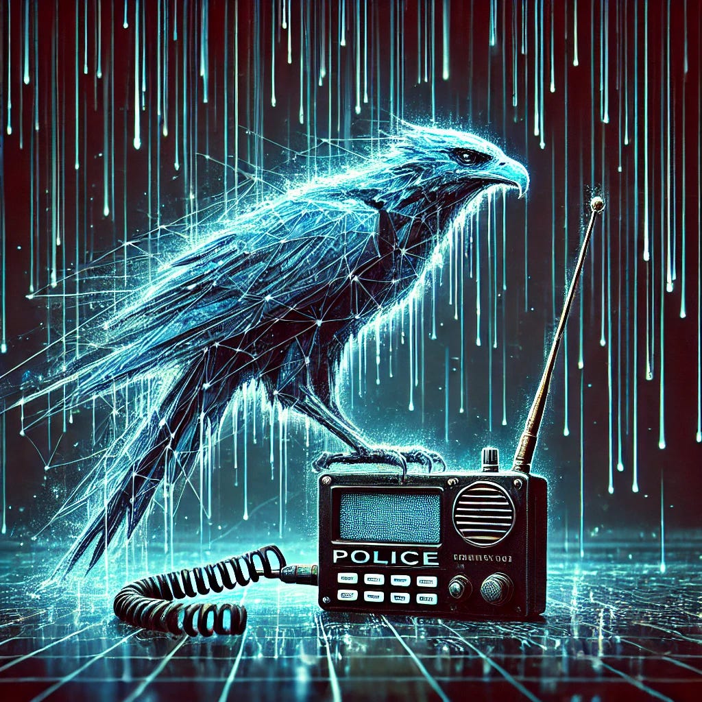 A digital art piece featuring a predatory bird made of blue holographic code and network connections, perched on a police radio that's dissolving into data streams. The background is dark and moody with matrix-style rain effects, creating an abstract, dramatic, and futuristic tech aesthetic. The style is cyber artwork, professional grade, with a surreal and powerful visual impact.