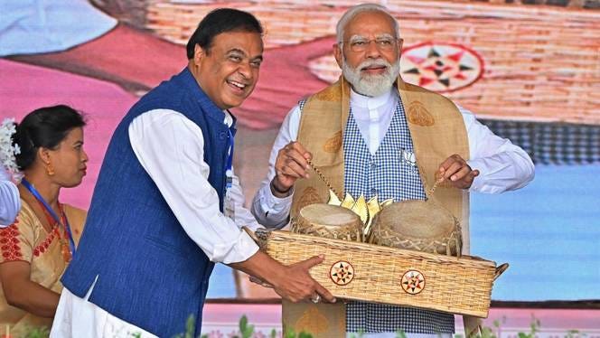 The file photo shows India’s Prime Minister Narendra Modi with Assam chief minister Himanta Biswa Sarma. Sarma was once a member of the secular Congress party but switched sides to join Modi's Hindu nationalistic BJP ahead of the 2016 state elections. Photo: AFP