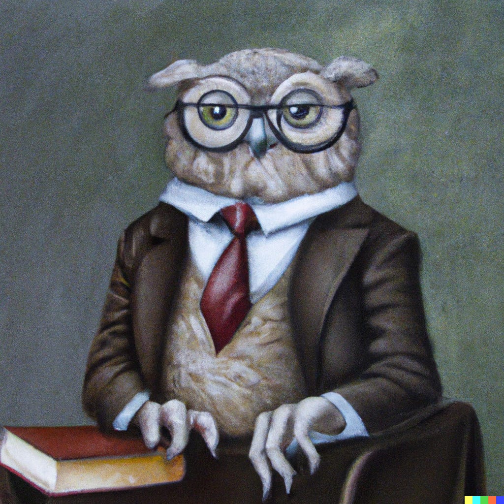 an oil painting of a stern librarian owl