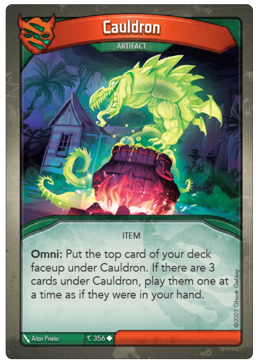 Cauldron, Untamed, Artifact, Item trait, Omni: Put the top card of your deck faceup under Cauldron. If there are 3 cards under Cauldron, play them one at a time as if they were in your hand. Artist: Aitor Prieto, Card 356, Uncommon.
