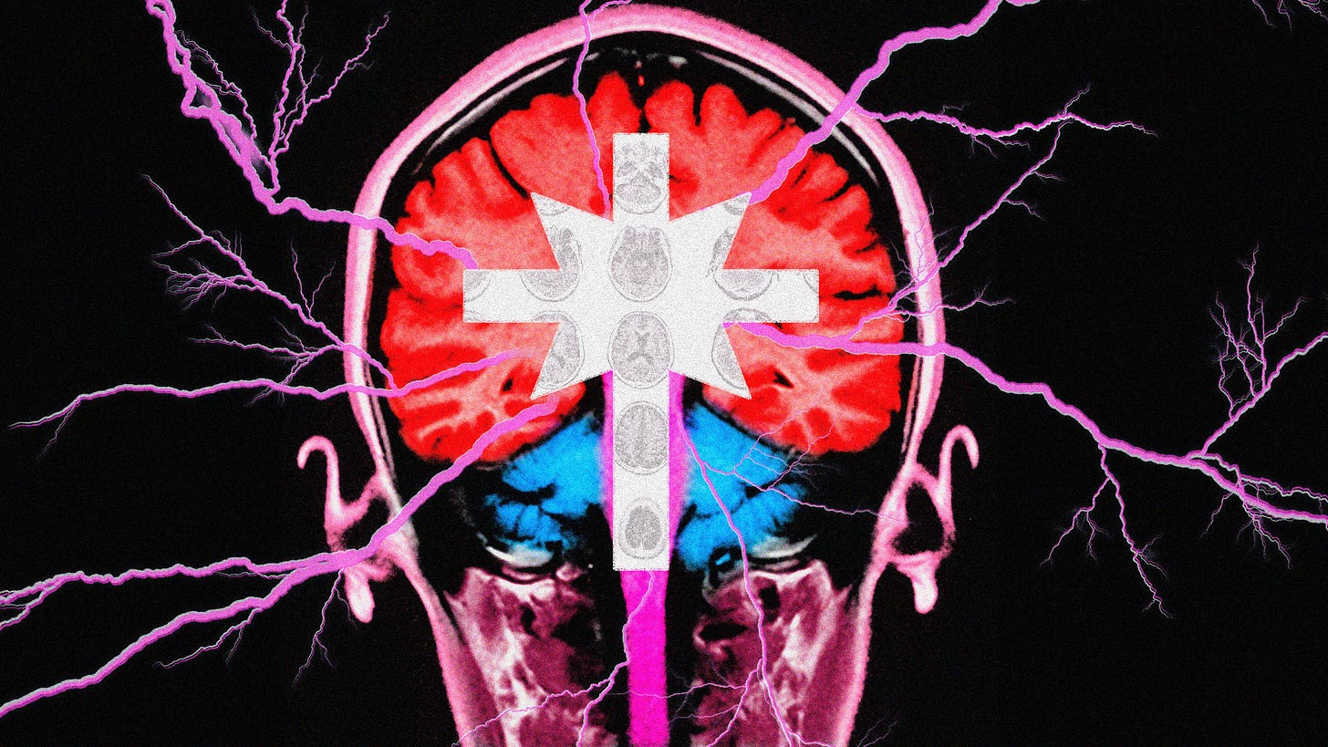 A brain scan with a scientology symbol.