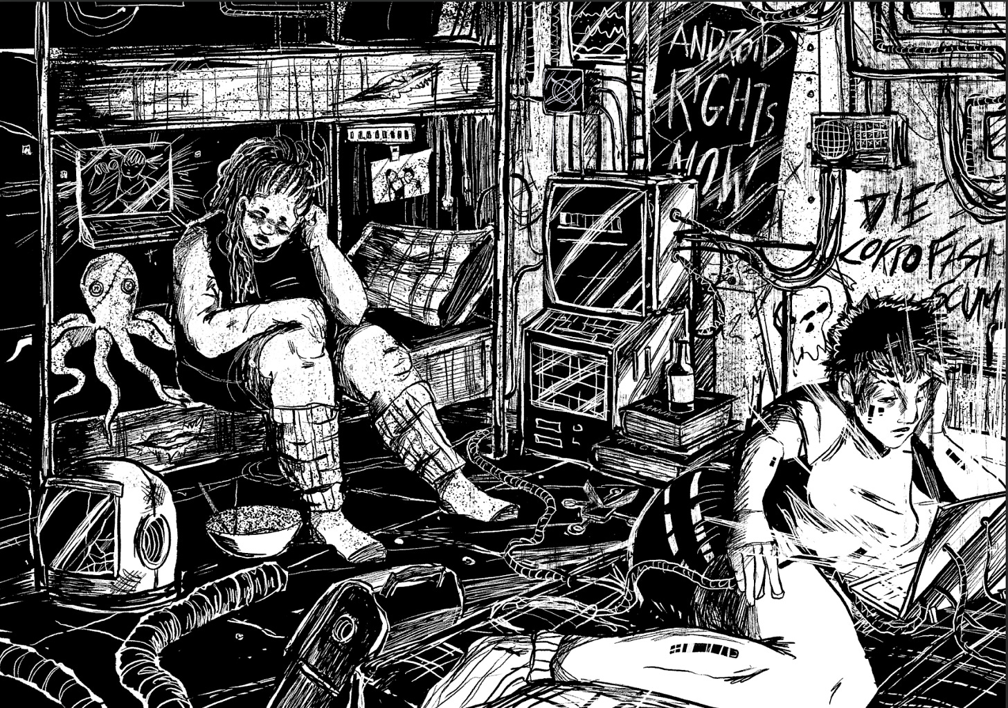 A rebel hangout, messy, punky and techy, black and white drawing. bunk beds, rebels chilling, and computers