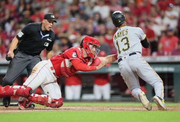 Tyler Stephenson of the Cincinnati Reds against the Pittsburgh Pirates at Great American Ball Park on September 23, 2023 in Cincinnati, Ohio.