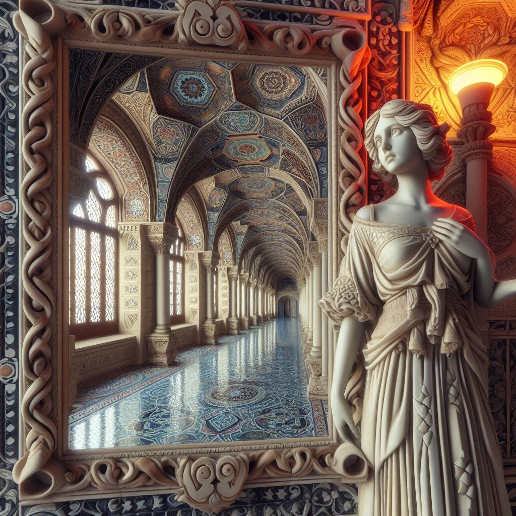 in a mirror. on a totem pole ; a woman in a dress standing near camera, looking at camera.black morocan tile  creamy yellow grey. infinity. mirror window, tapestry in blue; inside Library of Celsus (Turkey) no ceiling /Quatrefoil:Gothic Tracery/ red fire highlight/ red neon. Louver light blue decorative ceiling tiles. Moringa tree . sculptures ivory, cracked porcelain/gold / Misty/  sunny fluffy clouds chunky painting