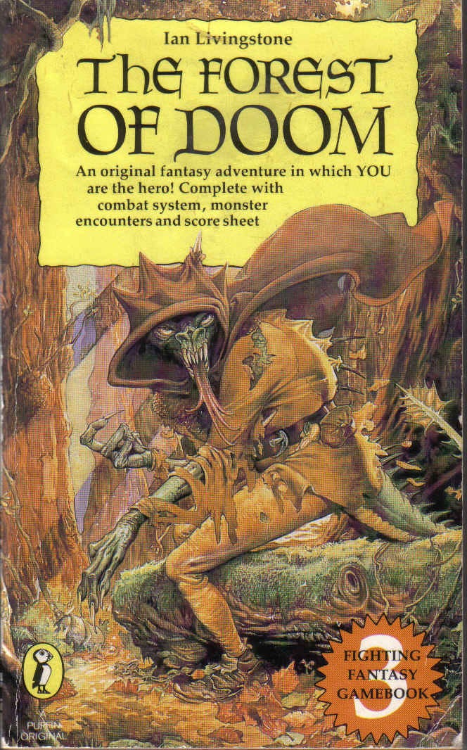 The front cover of 'The Forest of Doom' by Ian Livingstone, the third of the best-selling Fighting Fantasy series of books. On the cover, a humanoid lizard creature is bearing brown torn medieval clothing. It stands in a forest setting and is turned towards the viewer with an expression that may be surprise, anger, or intrigue.