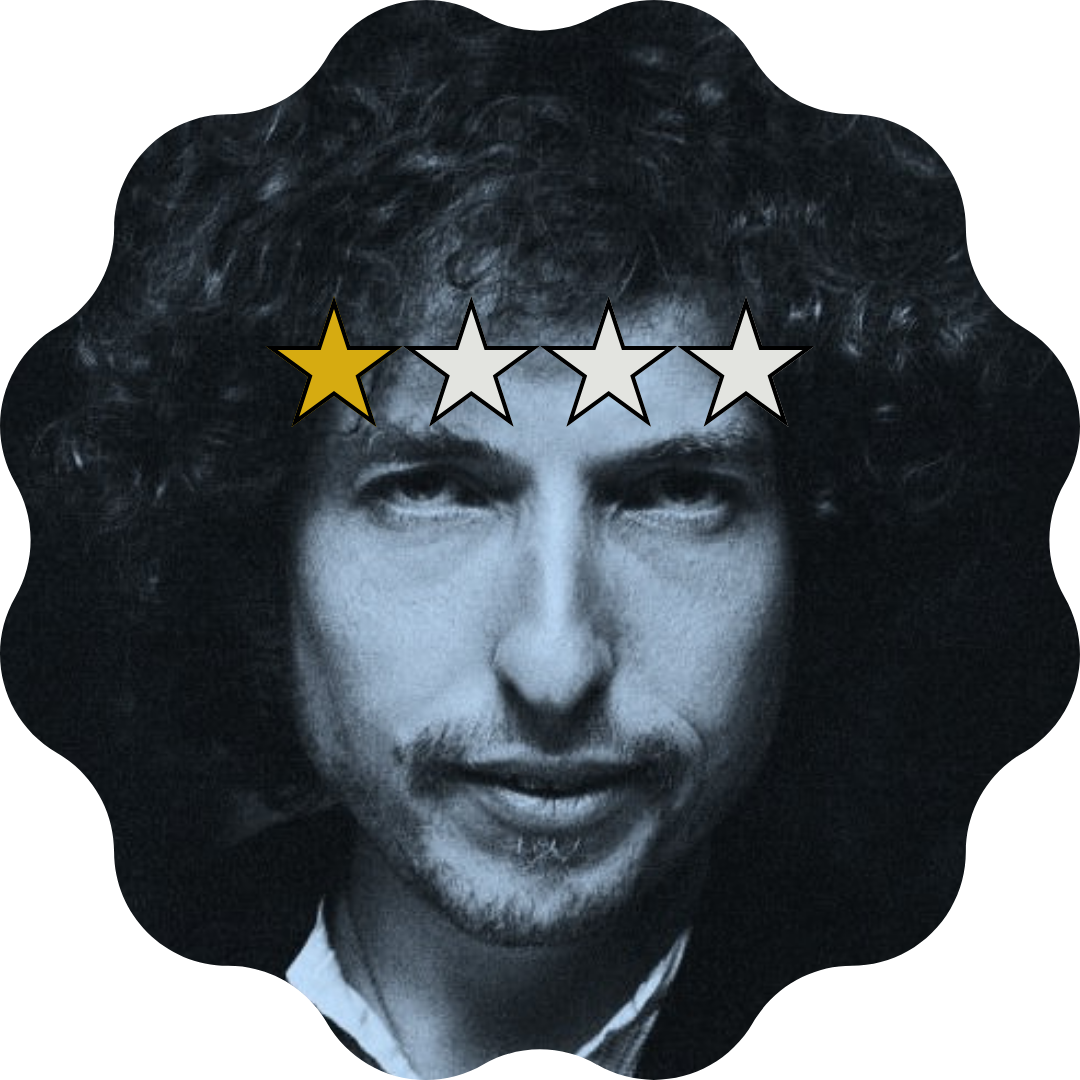 Portait of dylan from the 80s tinted blue and framed in a medallion shape. There are four stars across his forehead—one yellow and the others white