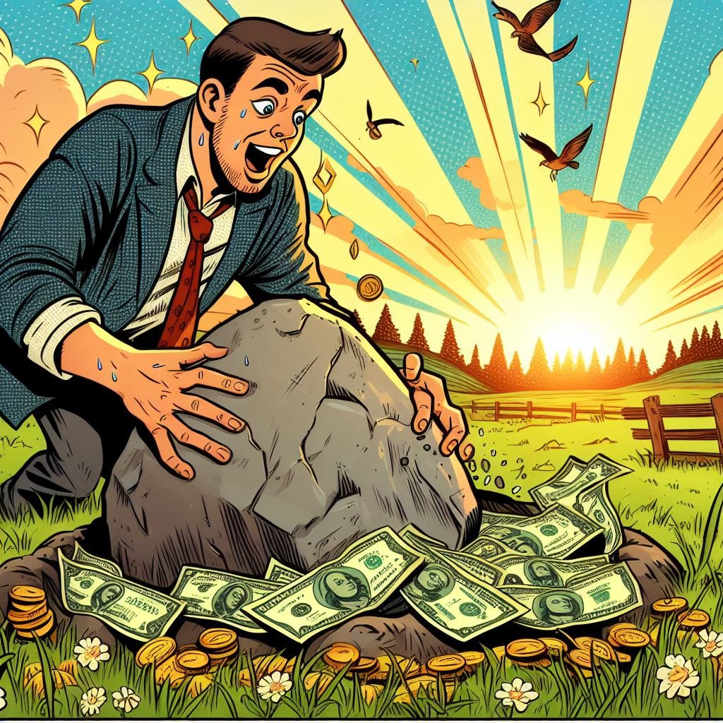 cartoon image of a man looking under a large rock and discovering dollars