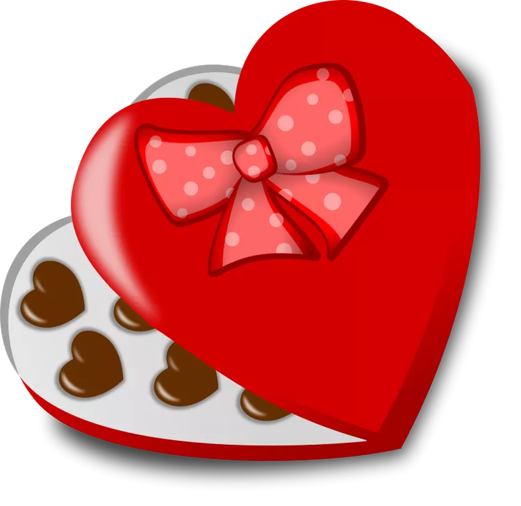 drawing of a heart-shaped candy box containing heart-shaped chocolates.