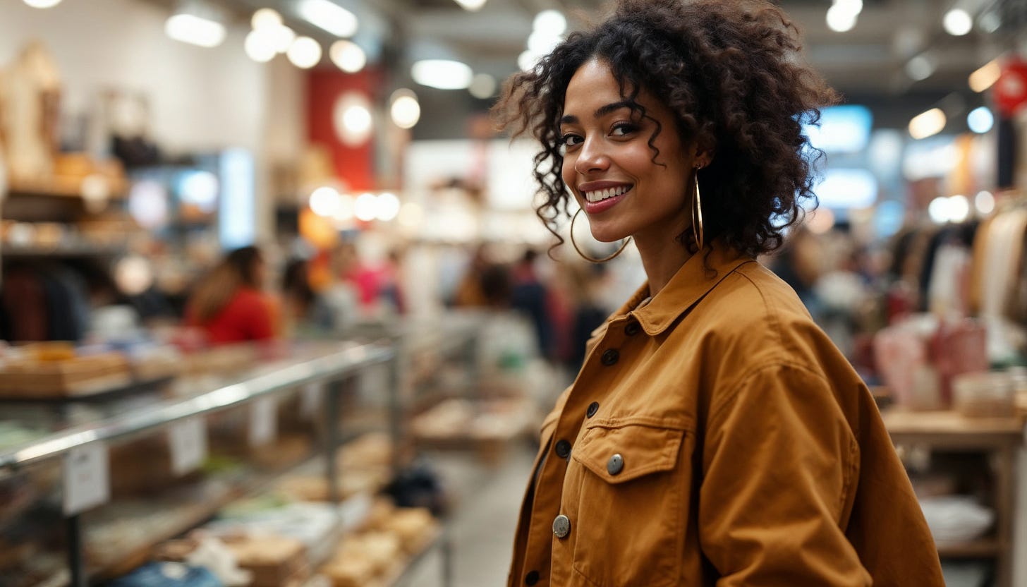 Candid photography of a young latina woman in her early 30's shopping in Urban Outfitters, subject cropped awkardly with motion cut-off