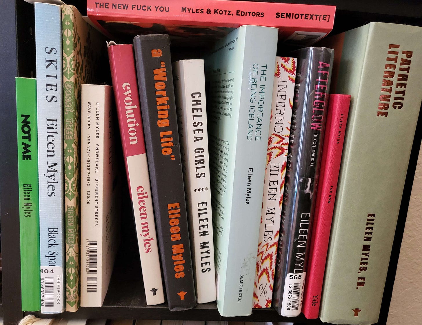 a shelf of the following books written or edited by Eileen Myles: The New Fuck You, Not Me, Skies, Sorry Tree, Snowflake/Different Streets, Evolution, a "Working Life", Chelsea Girls, The Importance of Being Iceland, Inferno, Afterglow, For Now, and Pathetic Literature