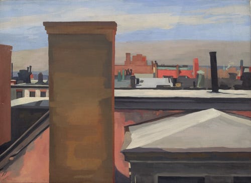 Brooklyn rooftops with a large chimney in fore ground against a blue and grey sky.