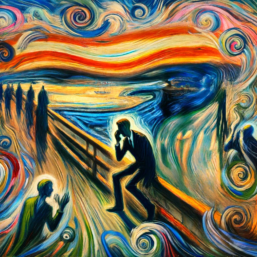 A vibrant, expressive painting in the style of Munch, capturing the essence of stress and resolution. The scene features swirling brushstrokes and contrasting colors, with a figure taking decisive action, symbolized by making a phone call or sending an email. The background has a dramatic sky, and elements of chaos slowly transitioning to calm as the figure addresses the cause of their stress. The mood shifts from tension to relief, depicted abstractly and emotionally, with psychological depth and a hopeful undertone.