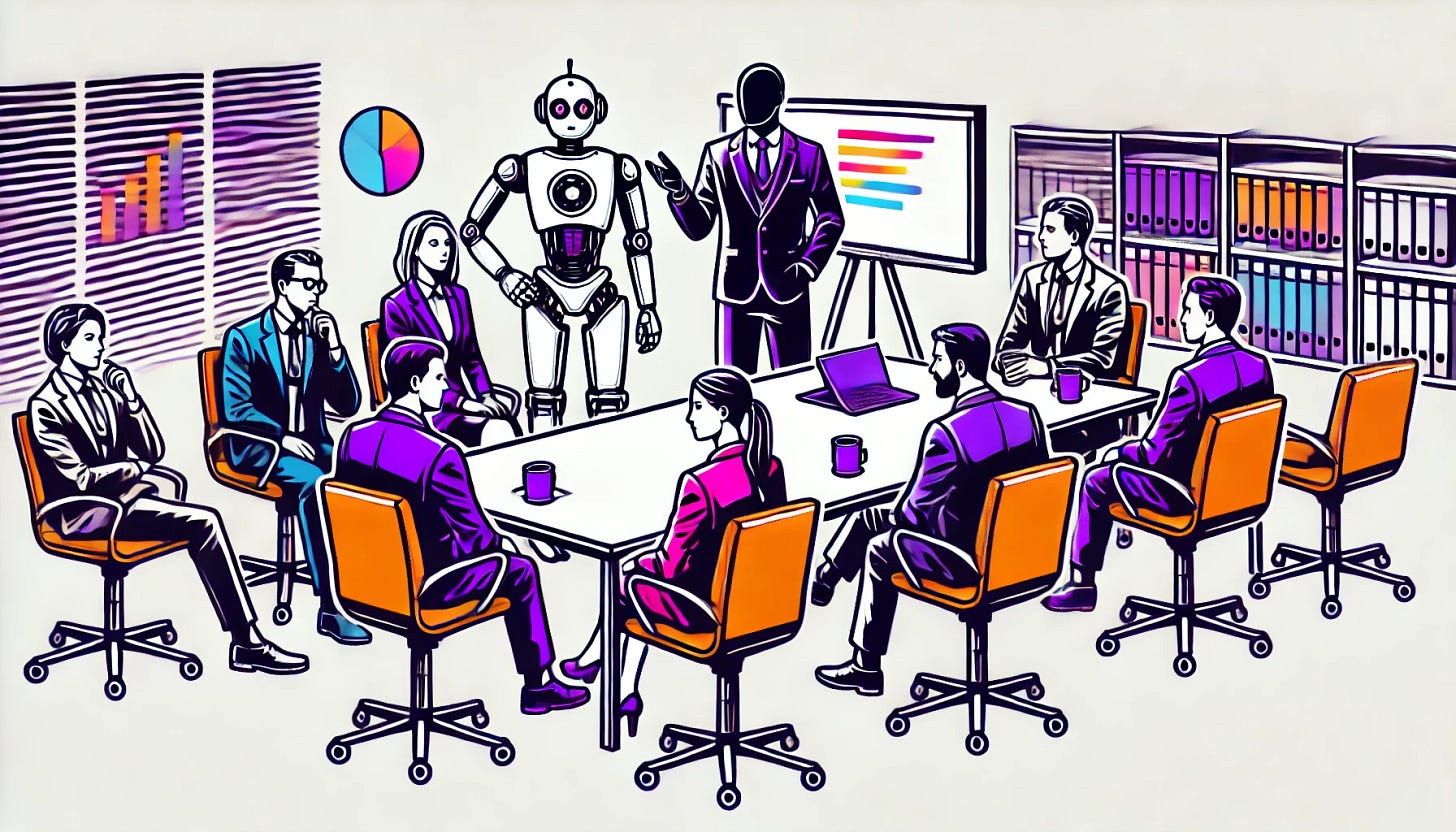 A pop art style illustration depicting a meeting room where several human employees are seated around a table, while a robot is standing and giving instructions. The color palette is restricted to bright purple, bright orange, black, and white, with a white background. The design is clean and minimal, emphasizing the contrast between artificial intelligence and human workers in a corporate setting.
