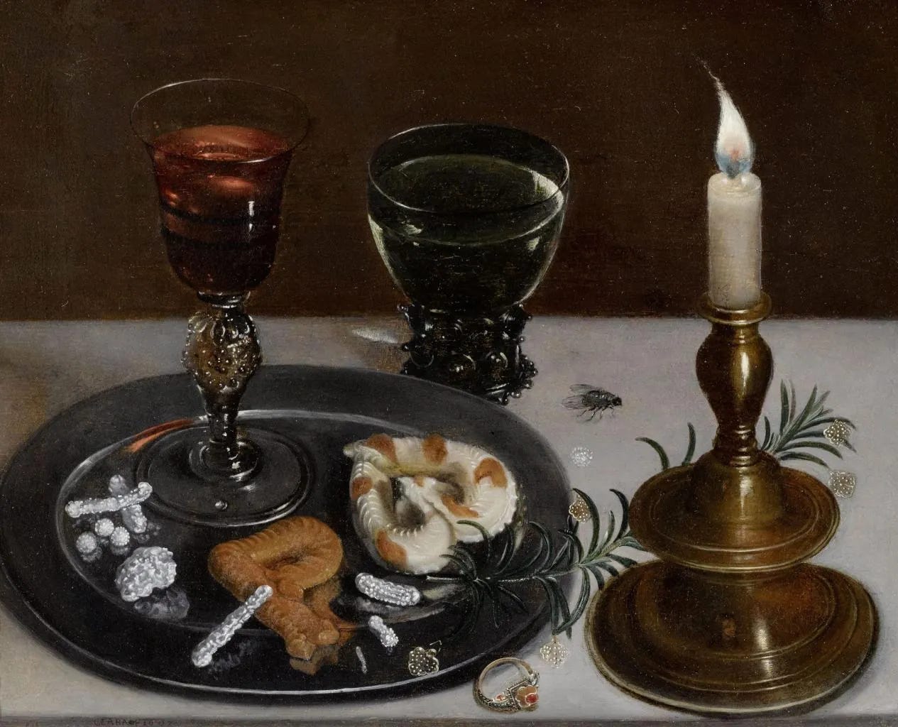 Still life with dainties, rosemary, wine, jewels and a burning candle - Clara  Peeters