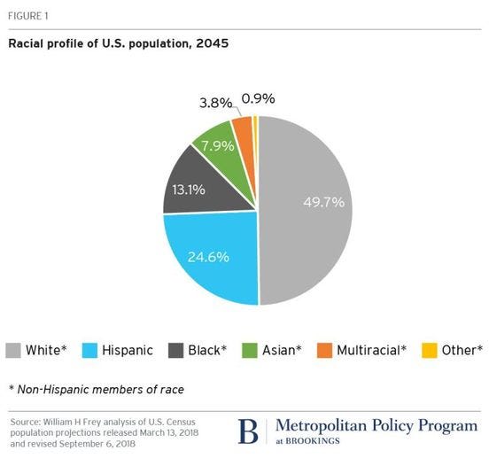 May be a graphic of text that says 'FIGURE1 Racial profile of u.S. population, 2045 3.8% 0.9% 7.9% 13.1% 49.7% 24.6% White* Hispanic Black* Asian* *Non-Hispanic members of race Multiracial* Other* Source: WilliamH Frey analysis of ม.S. Census population projections eleased March 13, 2018 and revised September 6, 2018 Metropolitan Policy Program BROOKINGS'