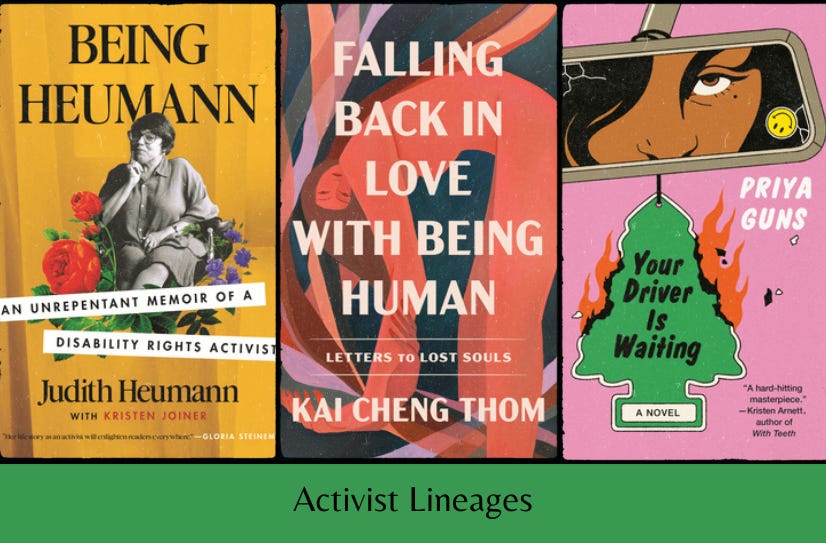 Small cover images of the three listed books above the text ‘Activist Lineages’ on a green background.