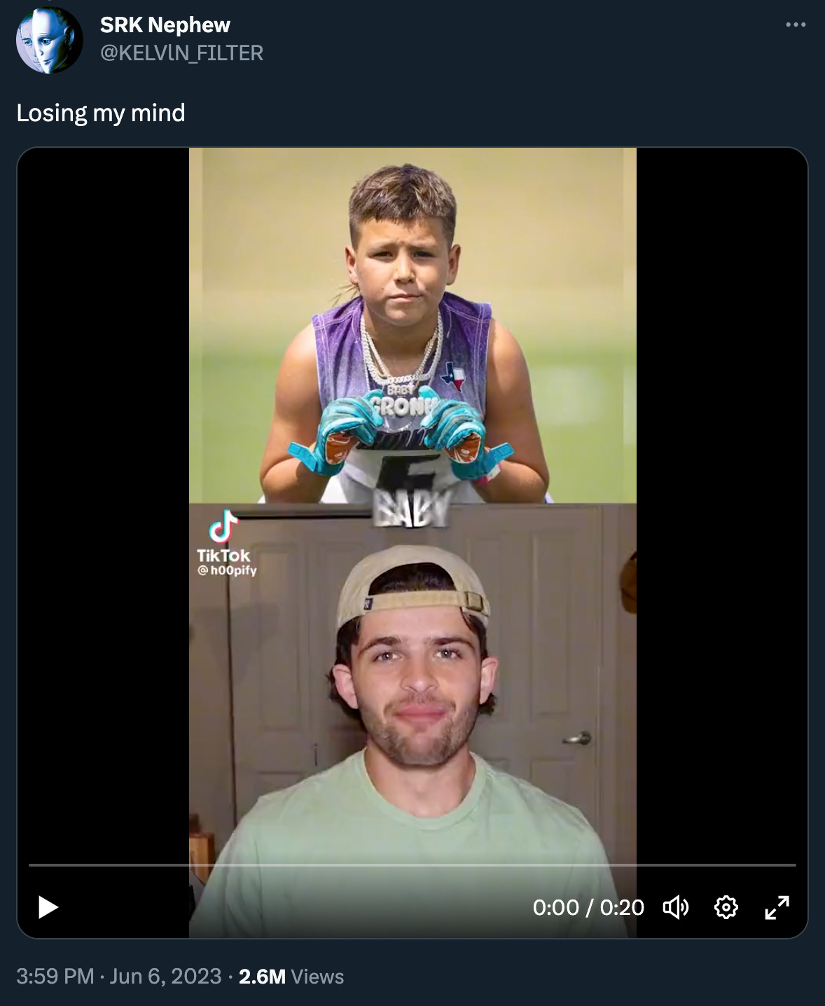 Tweet from KELVlN_FILTER: “Losing my mind” above an embedded TikTok that simply has to be experienced firsthand. No alt text description is gonna come close.