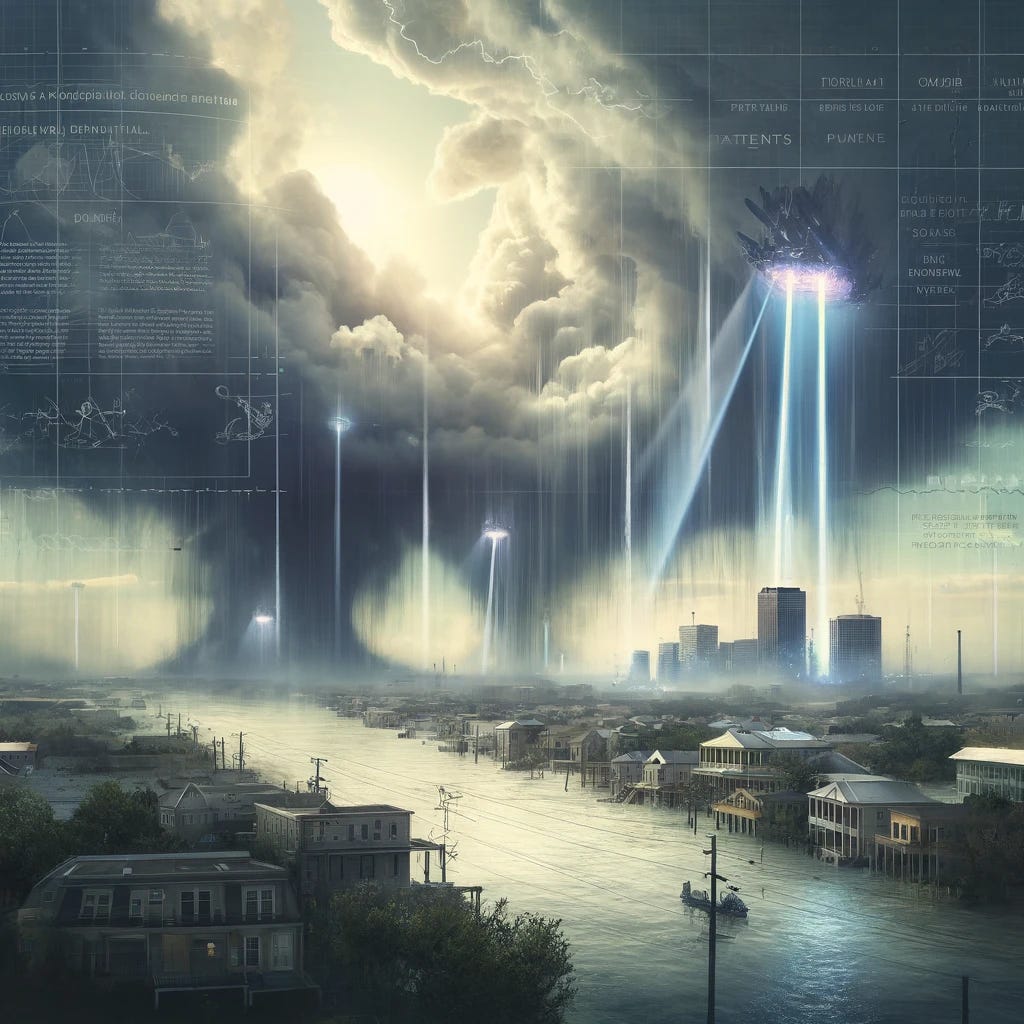 A conceptual illustration depicting Hurricane Katrina as a potential example of weather warfare. The image includes storm clouds manipulated by a futuristic scientific facility emitting beams into the atmosphere. The foreground showcases breached levees flooding urban neighborhoods, with a digital overlay of patents and documents hinting at technological interference. The overall tone is mysterious and thought-provoking, with muted, stormy colors and a focus on the interplay between nature and technology.