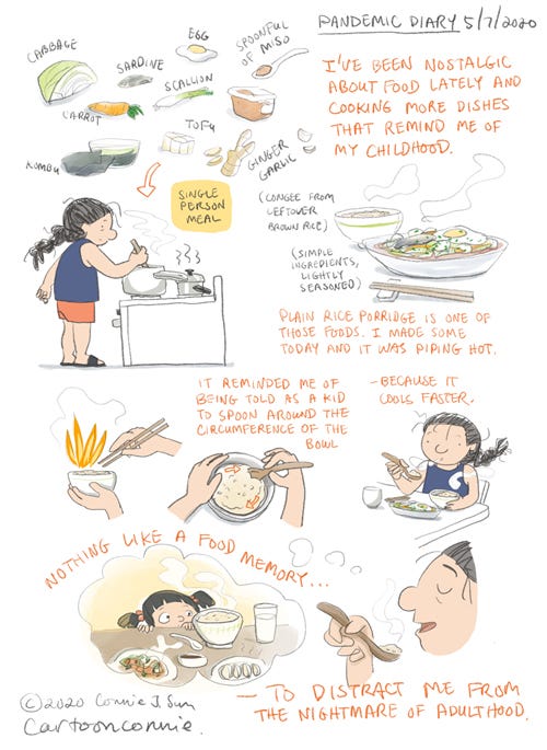 pandemic diary: nothing like a food memory, comic visual diary, comic page about food memories, childhood foods, journal comic, sketchbook diary, diary comic, food illustration, homecooking, recipe, connie sun, cartoonconnie