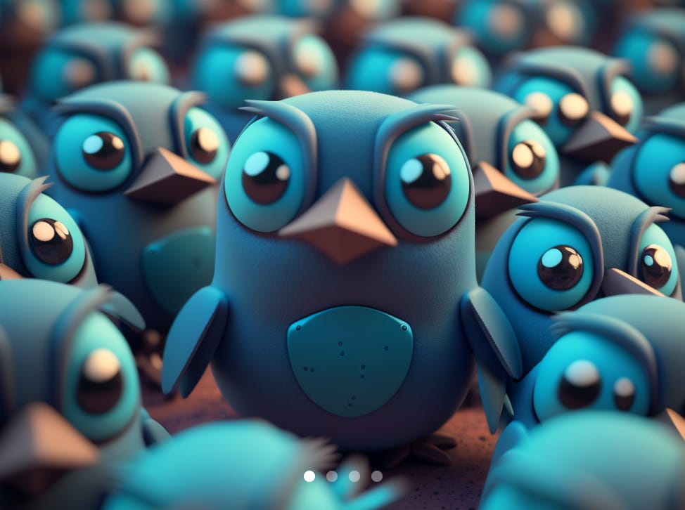 A crowd of cartoon-like 3D versions of the Twitter bird, symbolising Twitter bots. Image: Howard Lake via Midjourney