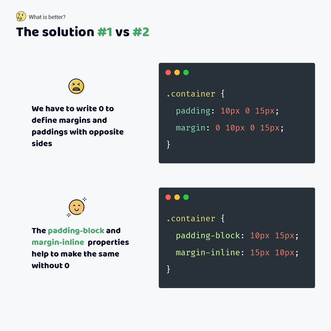 A wrong code. margin 0 10px 0 15px. A correct code. margin-inline 15px 10px