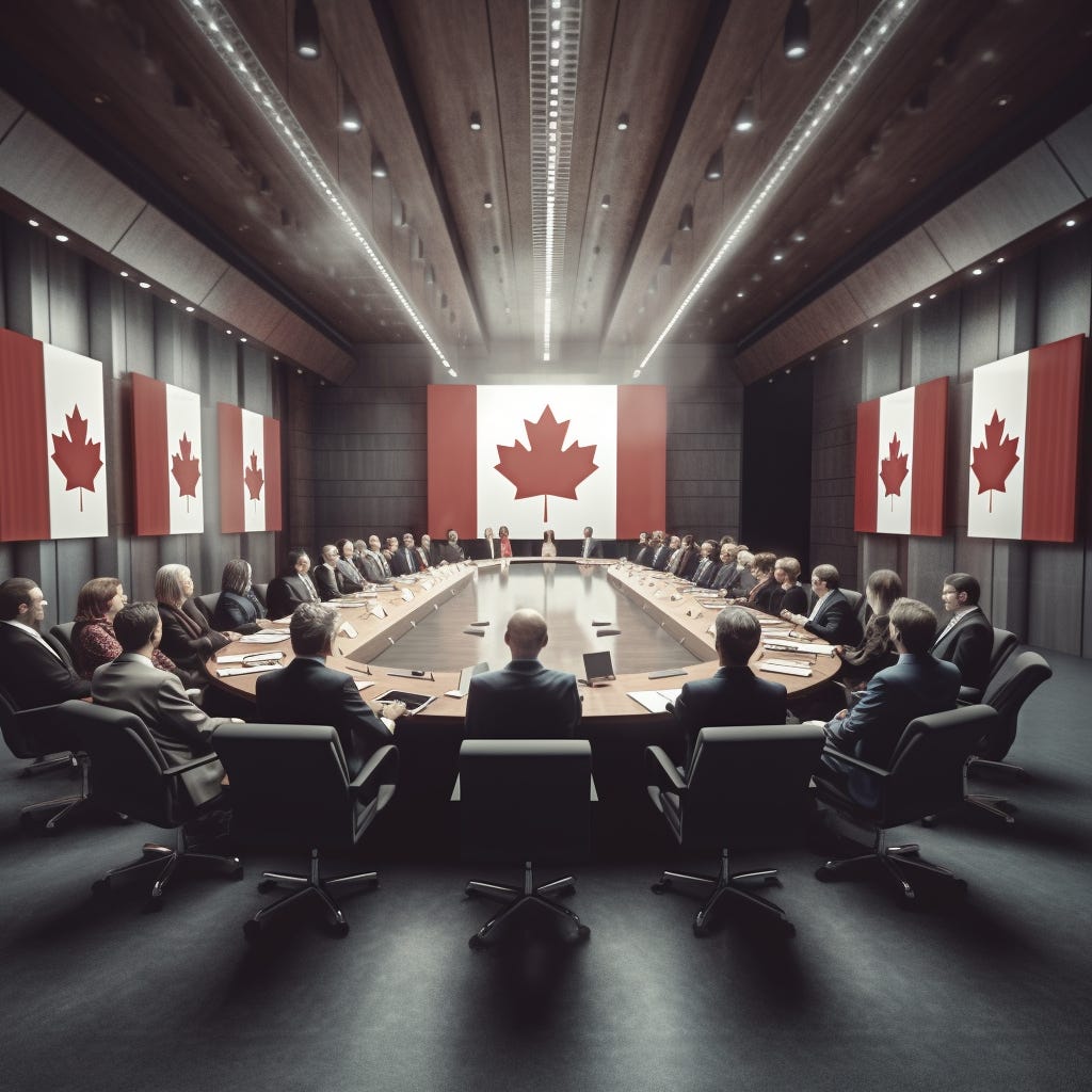A round table conference discussion. Canadian flags decorate the walls. 