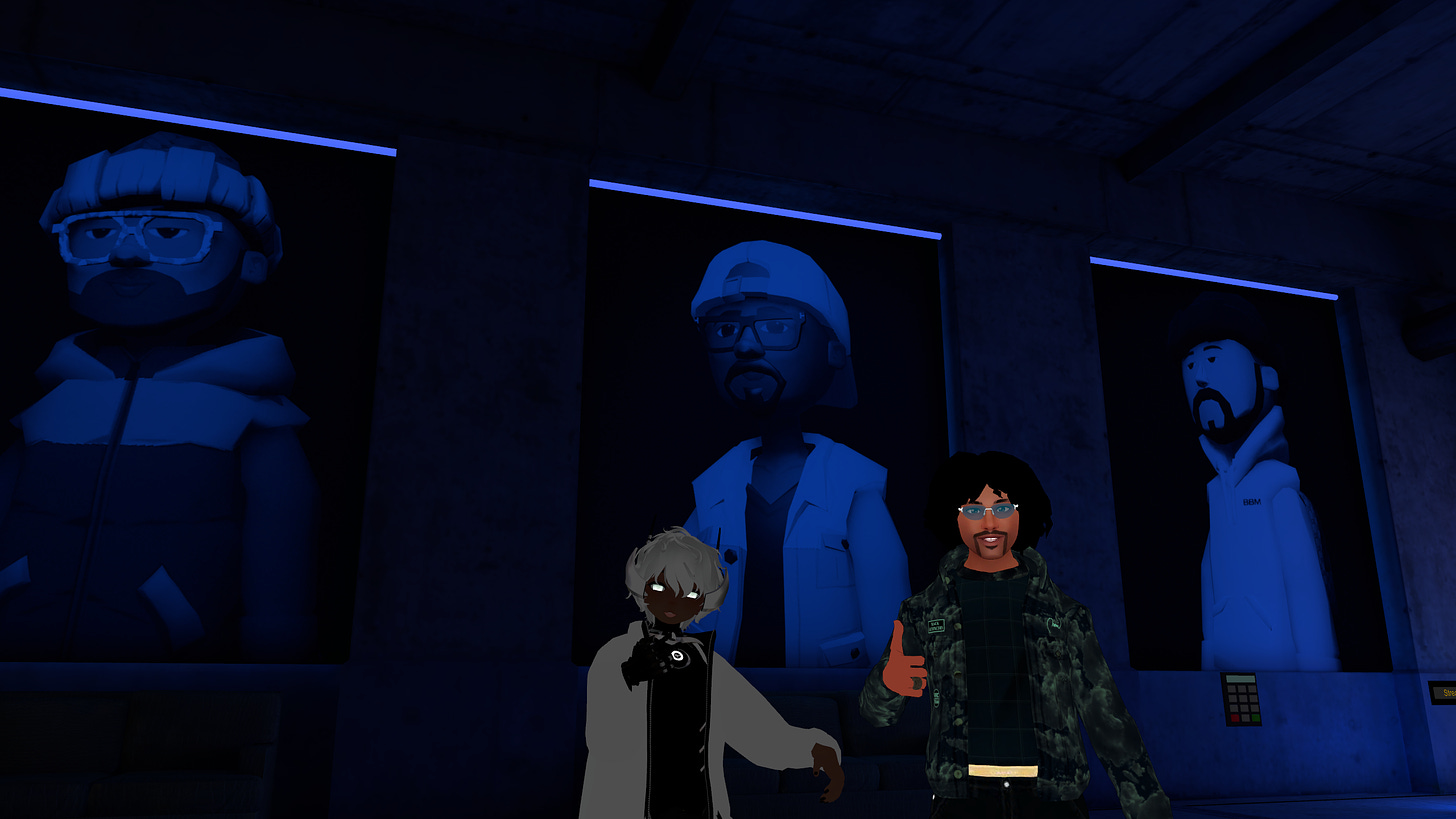 Selfie with ArmaniXR and SirSaxy in the Freestyle Fridays world in VRChat.