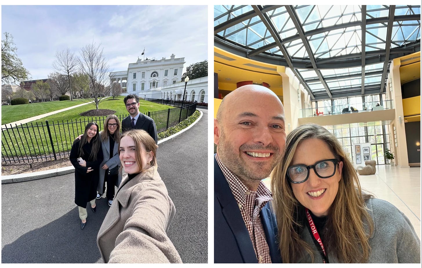 Two photos. On the left is a Point 5 selfie taken by Morgan MacNaughton of a group in front of the White House, including me (Lia Haberman) Marion Dimaano, Morgan MacNaughton and Patrick Steven. On the right is me (Lia Haberman) pictured with diplomatic influencer and Public Affairs Officer at the Italian Embassy, Andreas Sandre (aka TikTok’s We Are Digital Diplomacy)