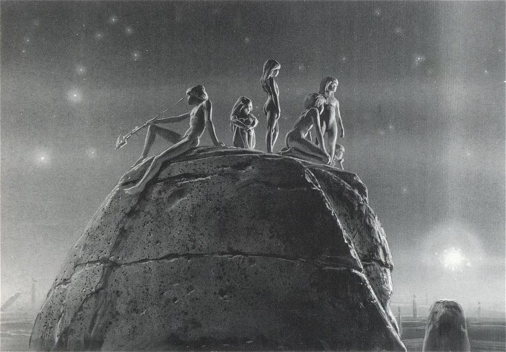 Tonal study of children atop the head of a monumental sculpture that resembled the top of the head of a sphinx but the face is turned away and cropped at the bottom edge of the art. One girl hugs her knees. An older boy sits with one knee up, resting a staff there, while his other leg dangles off the edge. A group of other children look off the face side, looking off canvas right. The dusky night sky is filled with stars. Low in the sky on the right a glistening cluster of stars flares, projecting energy upward and out both sides.