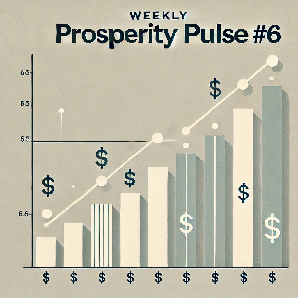 A minimalist graphic similar to the provided 'Weekly Prosperity Pulse #6' design, simplified to focus on clean bar charts and an upward trend line. The title 'Weekly Prosperity Pulse #6' remains at the top, and the rest of the image focuses on simple graphs, bars, and dollar signs to reflect economic trends, with no other text or complex elements.