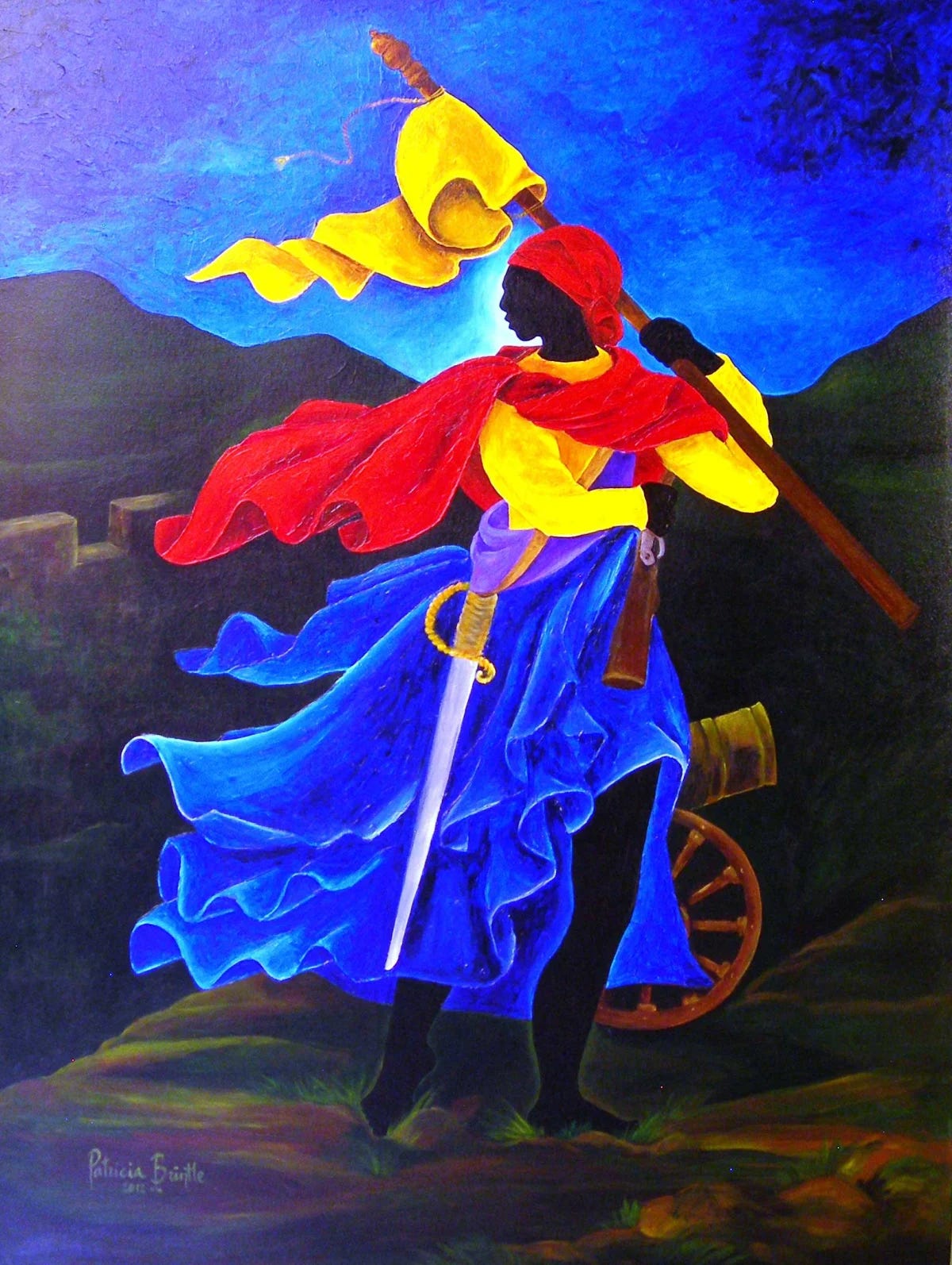 Painting of a Black woman in an orange gown surrounded by swirling blue cloth, symbolizing the emotional labor of Black autistic daughters and the burden of maternal roles assigned too early in life. Art by Patricia Brintle. Painting of a Black woman in an orange gown surrounded by swirling blue cloth, symbolizing the emotional labor of Black autistic daughters and the burden of maternal roles assigned too early in life. Art by Patricia Brintle.