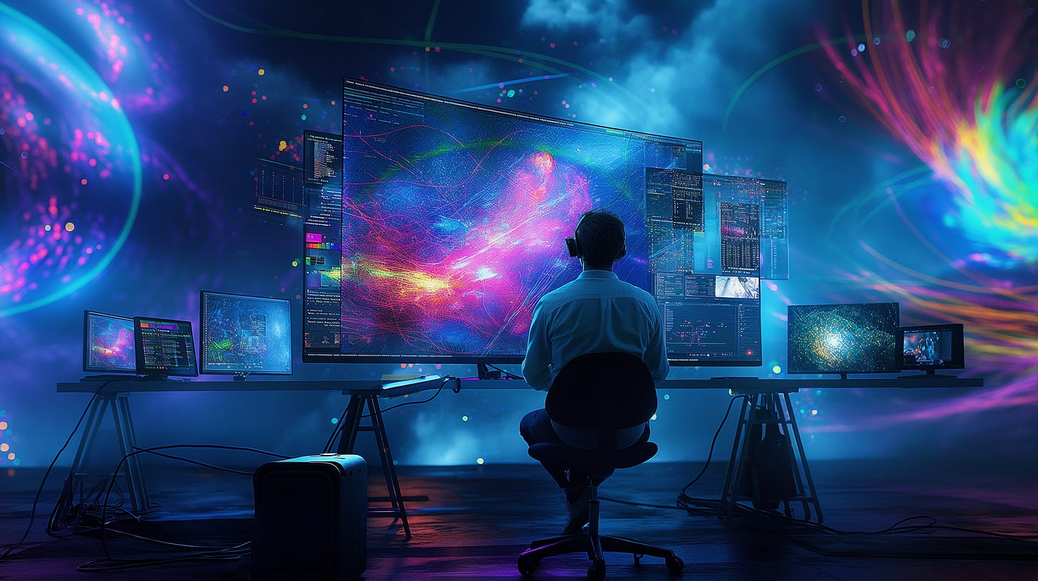 A person is seated in front of a large monitor displaying a colorful data visualization, surrounded by several other screens filled with code and interfaces