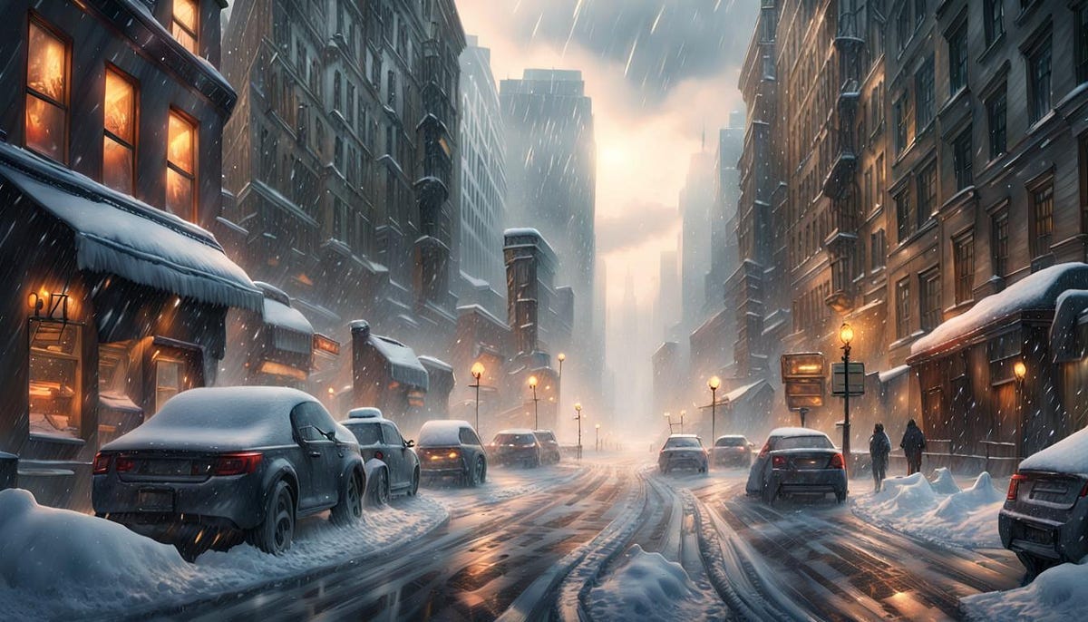 Snow blizzard in city