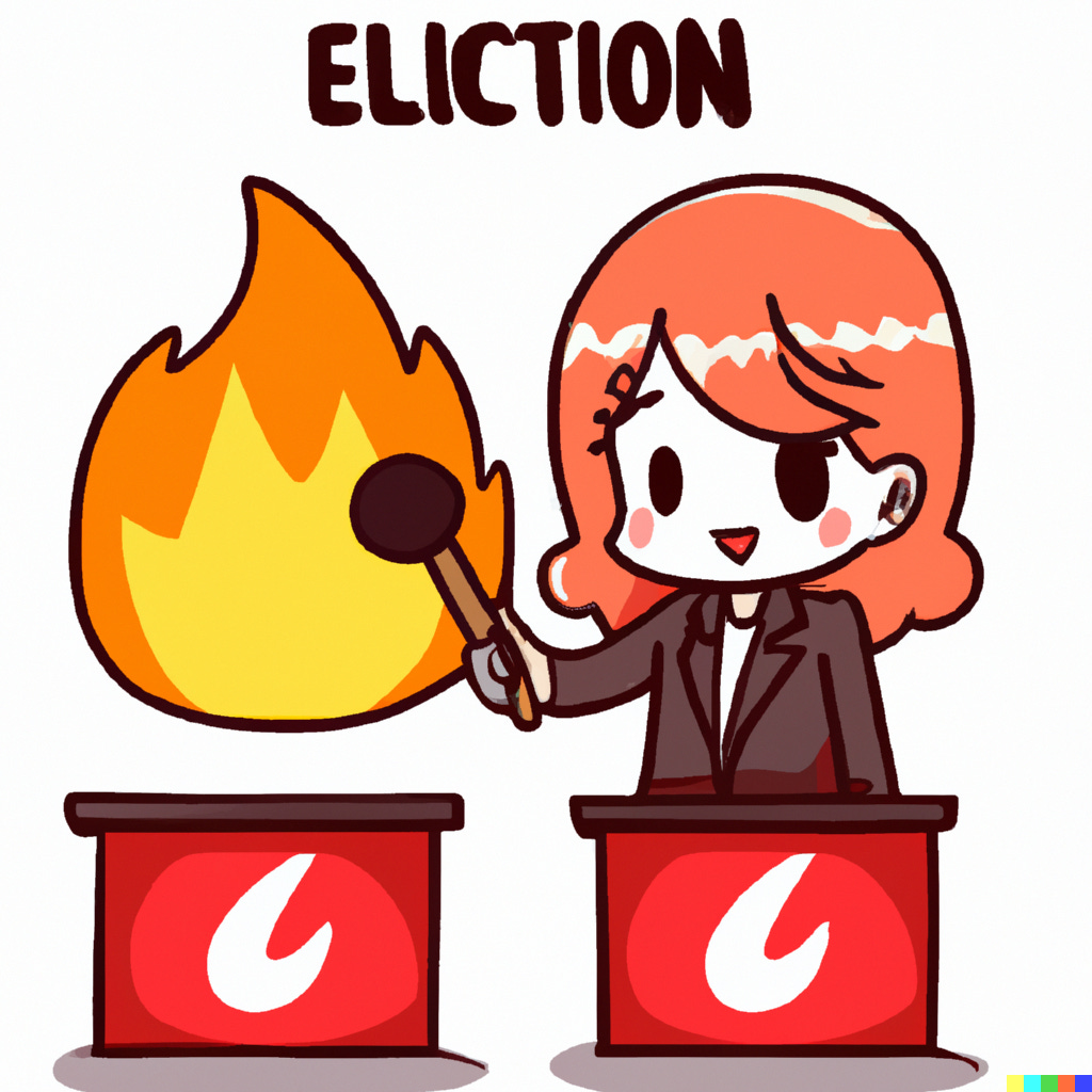 Anime-style cartoon of woman holding microphone and flame, with word Eliction at top. Generated by prompt "election voting fire anime style" at DALL-E2