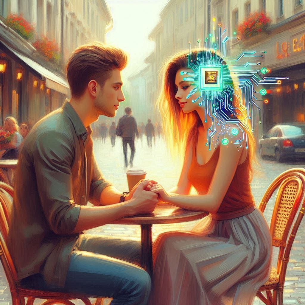 A pretty woman holds hands with a handsome young man. Integrated circuits on the side of her head are glowing. Outside. Nice day. Urban cafe. Slight impressionist style.