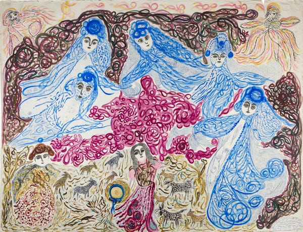 Otro dibujo de Josefa Tolrá. Se llama Las Hadas. Se ven varias figuras flotantes en tonos azules, con otras formas abstractas a su alrededor en diferentes colores. En la parte inferior hay dos personas y varios animales.