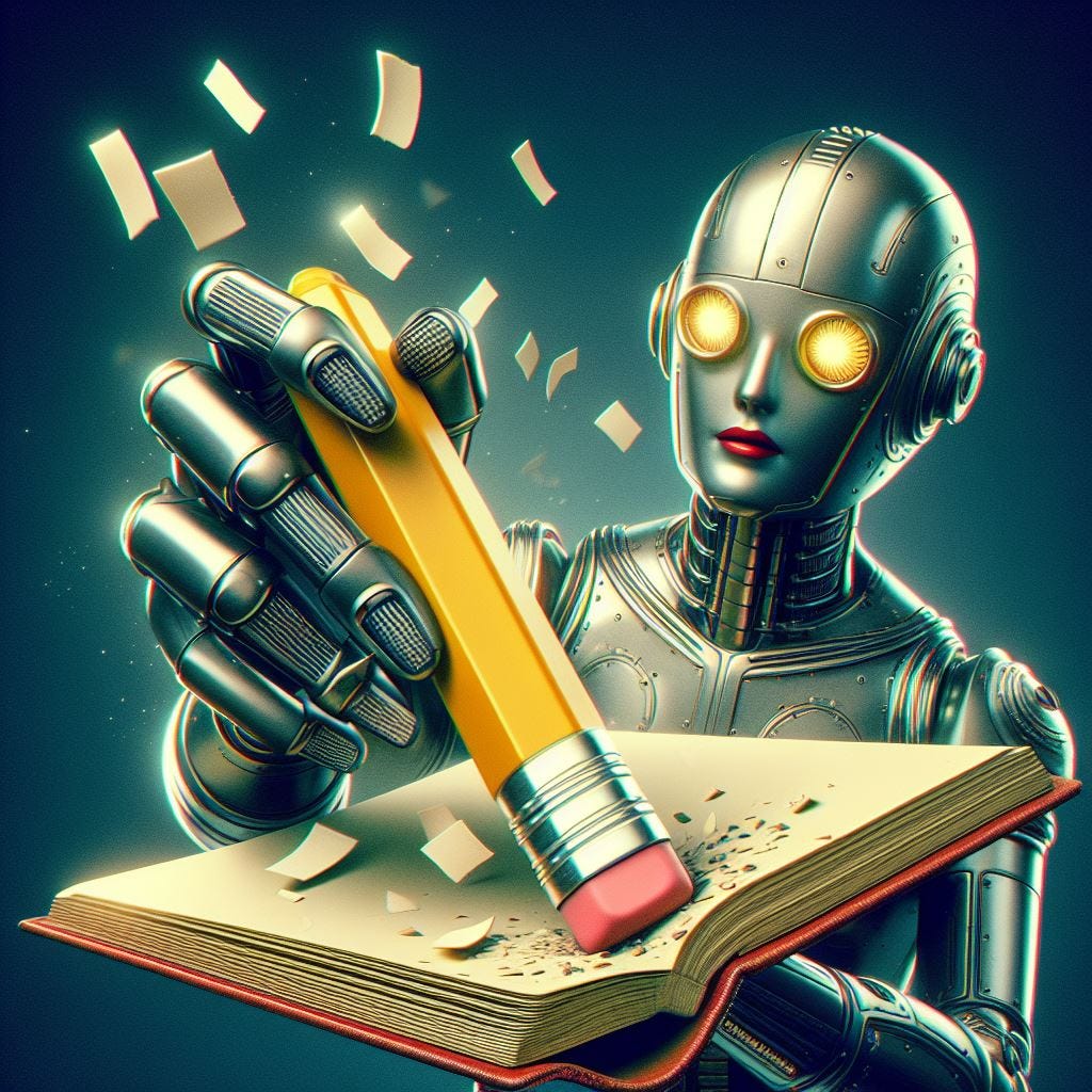 Robot erasing information from a book.