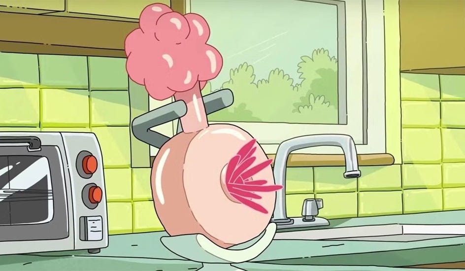 cartoon screenshot from 'Rick and Morty' showing a plumbus (the show's absurdist, never-explained 'household item' that looks like it might be an alien sex toy, but is not) on its stand on an ordinary kitchen counter, between a toaster oven and the sink. The  joke is that every home in the show's fictional universe has a plumbus, so there's no need to explain it.