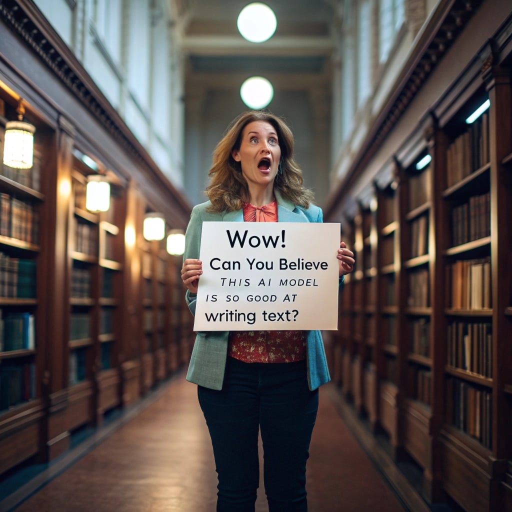 A woman with a shocked expression stands in the middle of a library. She's holding a sign that says "Wow! Can you believe this AI model is so good at writing text?” by Recraft