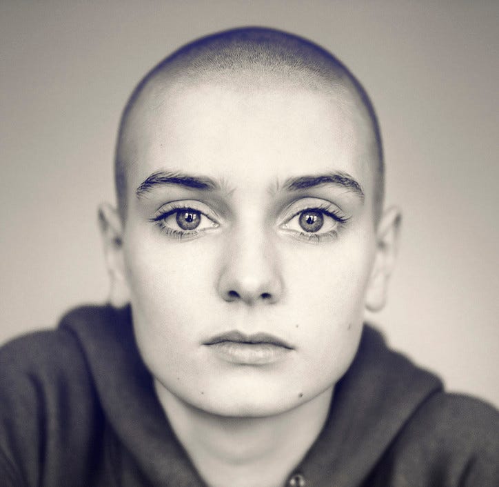a monochrome photo of Sinéad O'Connor from the Showtime documentary