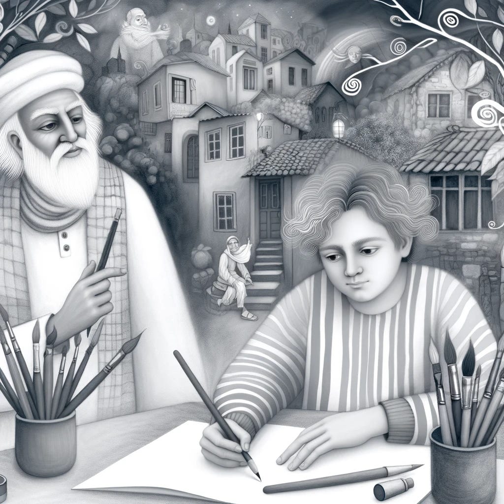 In a quaint village blending dreams with reality, a young artist with fiery spirit but lacking patience sits in focus, pencil in hand, sketching intently on a pad on his lap. Around him, brushes and paint tubes are scattered, symbolizing his chaotic yet passionate journey in art. Standing beside him, an old painter with a wise, patient gaze and a white beard gently places a hand on the young artist's shoulder, holding a thin brush in the other hand. The background features whimsically intertwined buildings and natural elements, creating a dreamlike atmosphere. The scene, rich in contrasts and depth, is brought to life through delicate shades of gray, with soft, subtle shadows and a careful play of light highlighting the moment of enlightenment and inner growth.