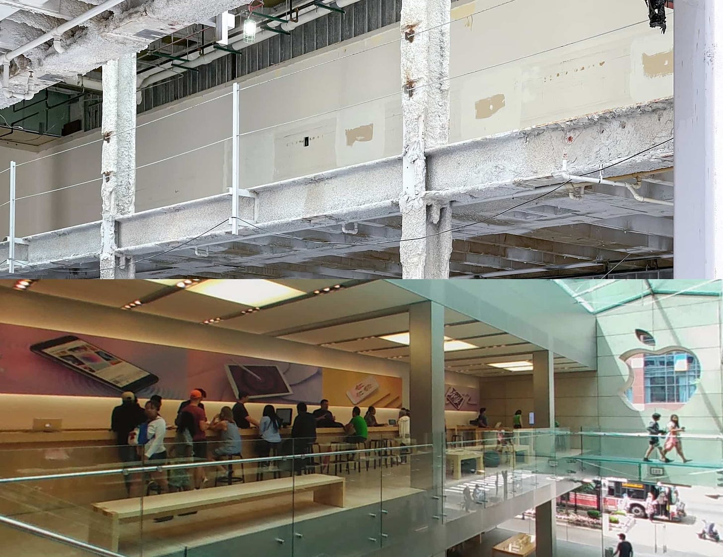 Top: September 2023, interior dismantlement at Apple North Michigan Avenue. Bottom: a photo of a similar perspective taken years earlier.