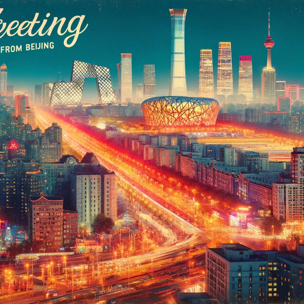 A postcard featuring Beijing at night, showcasing the city's spectacular urban landscape. The image captures a panoramic view of the city illuminated by lights, with the iconic CCTV Tower and the Beijing National Stadium (also known as the Bird's Nest) prominently displayed. The skyline is a breathtaking sight, with skyscrapers bathed in neon lights, creating a vibrant and dynamic atmosphere. The foreground shows a lively street scene, with people enjoying the nightlife, adding a personal touch to the urban majesty. 'Greetings from Beijing' is written in elegant script at the top of the postcard, inviting the viewer to explore the city's nocturnal beauty.