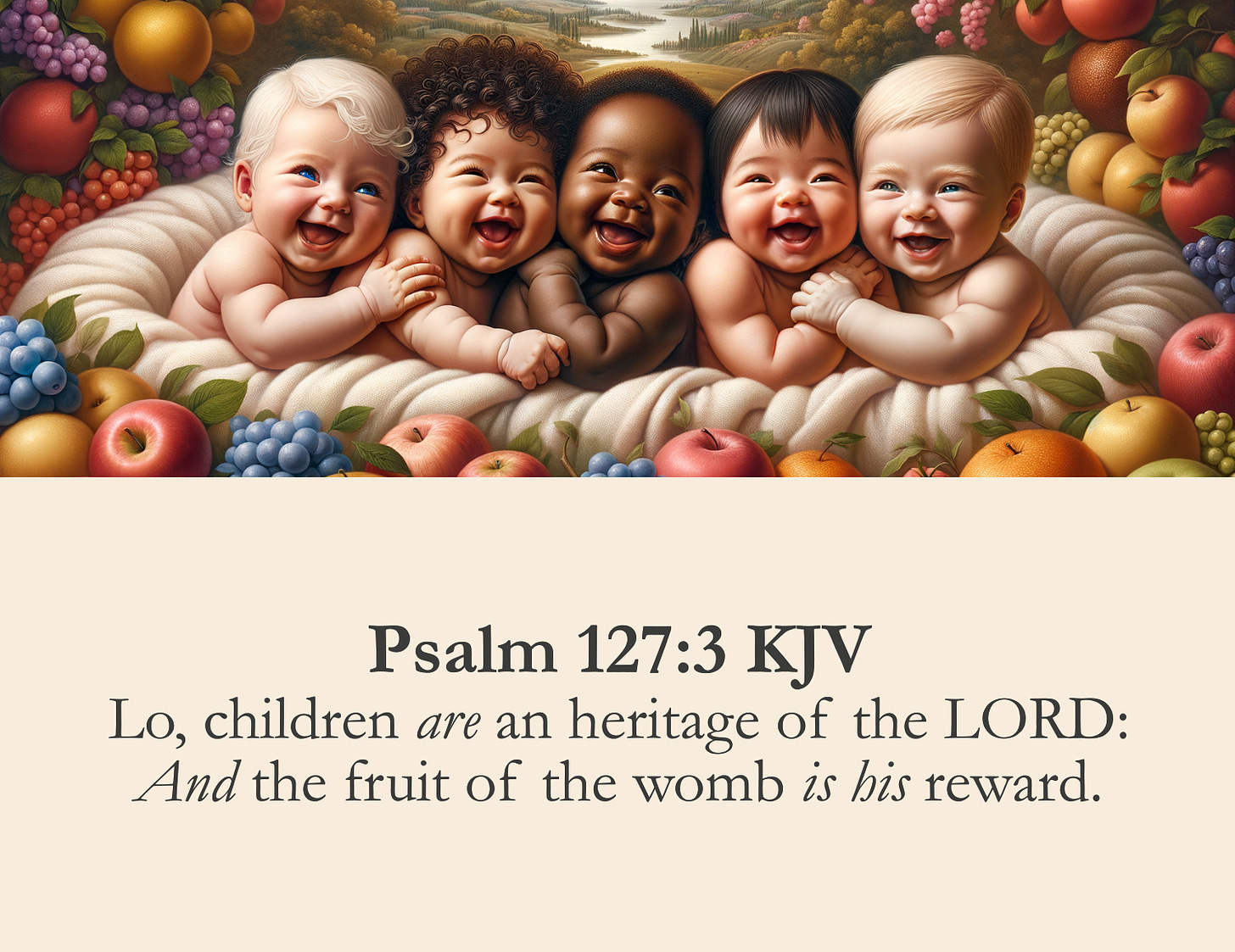 This image depicts five joyful, laughing babies of diverse ethnicities nestled amidst an abundance of colorful fruits like apples, oranges, grapes, and berries against a scenic landscape background. The infants' expressions radiate pure happiness as they lay cuddled together on what appears to be a soft blanket or cloth.  The biblical quote from Psalm 127:3 shown below celebrates children as a heritage and blessing from the Lord. The vibrant fruity imagery surrounding the babies reinforces this notion of new life and offspring being a wonderful gift, creating an uplifting scene of multicultural innocence, joy, and the preciousness of children.